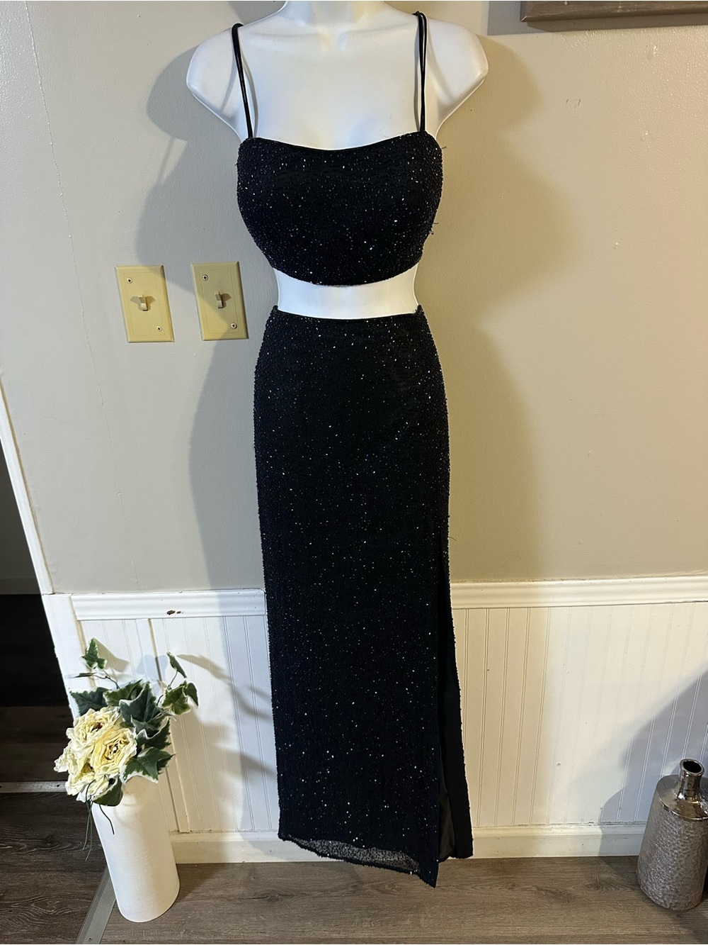 Sparkle Black Maxi Skirt with Side Slit - Women's Evening Skirt